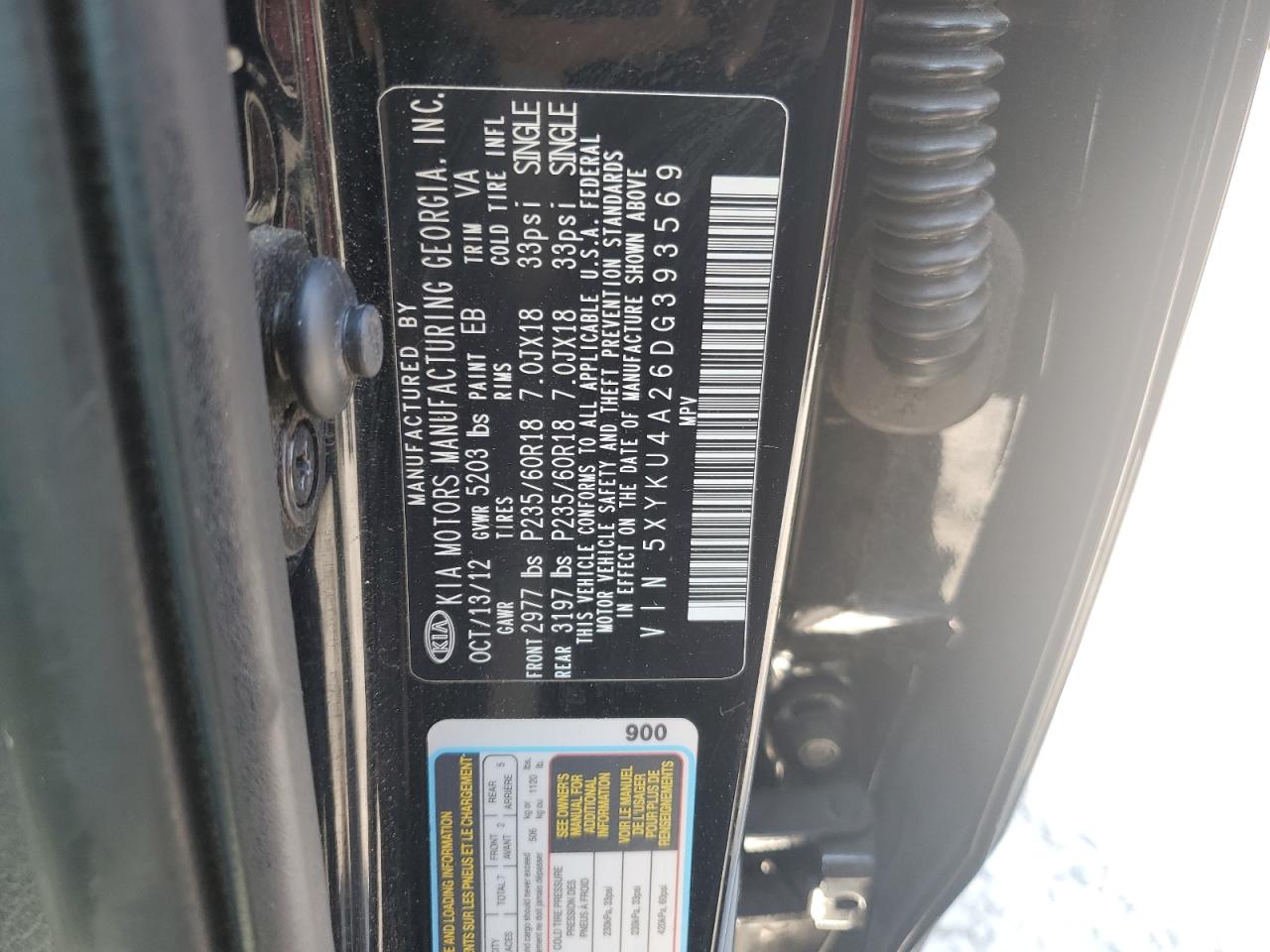 2013 Kia Sorento Ex VIN: 5XYKU4A26DG393569 Lot: 62085415