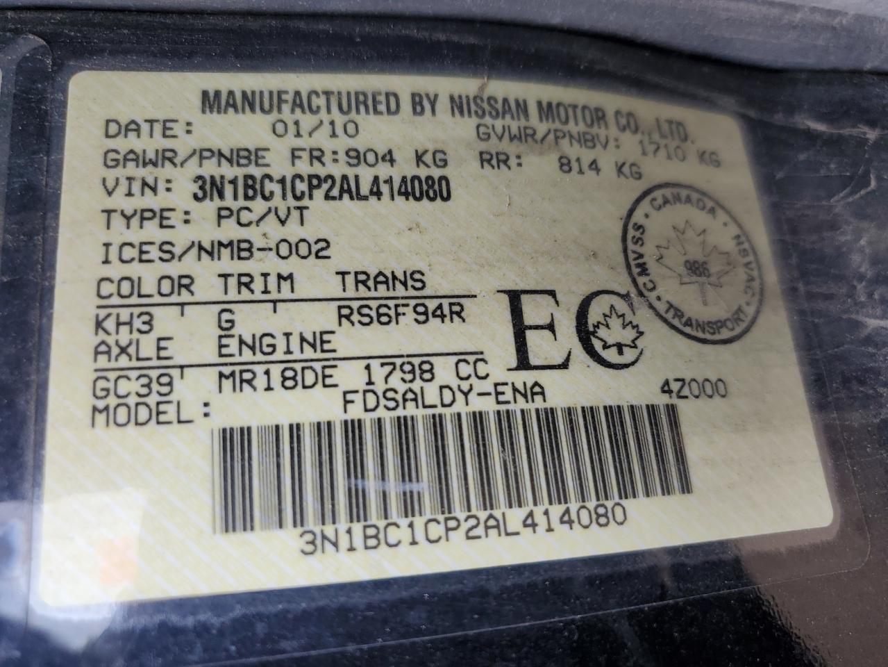 2010 Nissan Versa S VIN: 3N1BC1CP2AL414080 Lot: 62095505