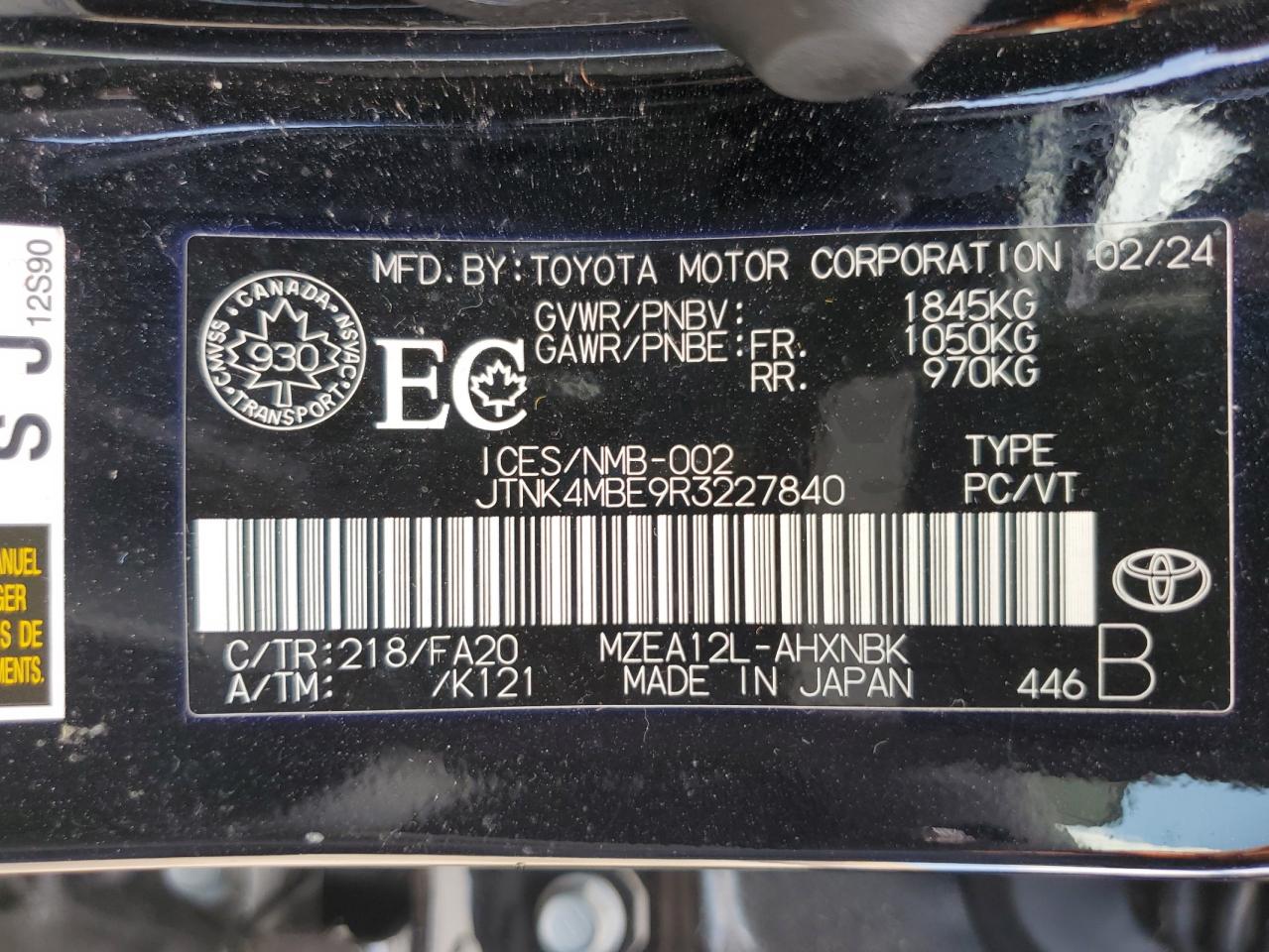 JTNK4MBE9R3227840 2024 Toyota Corolla N