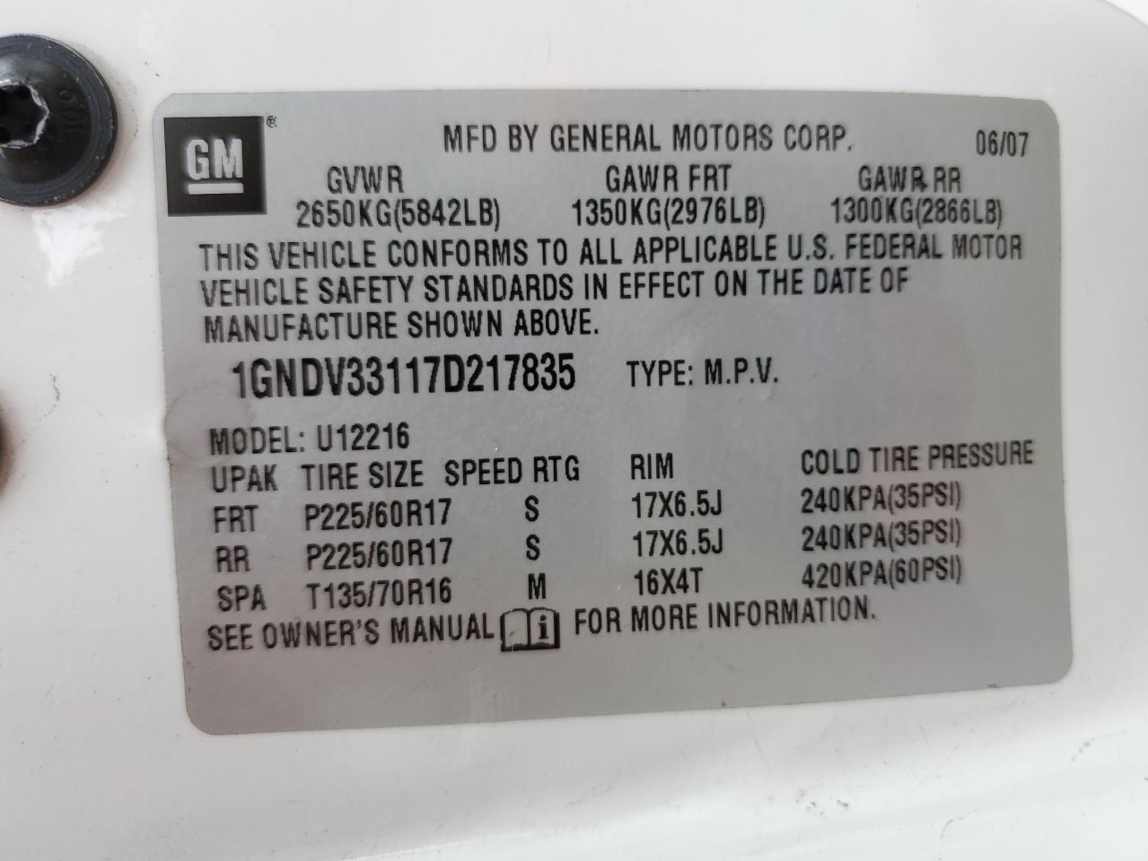 2007 Chevrolet Uplander Lt VIN: 1GNDV33117D217835 Lot: 62764715