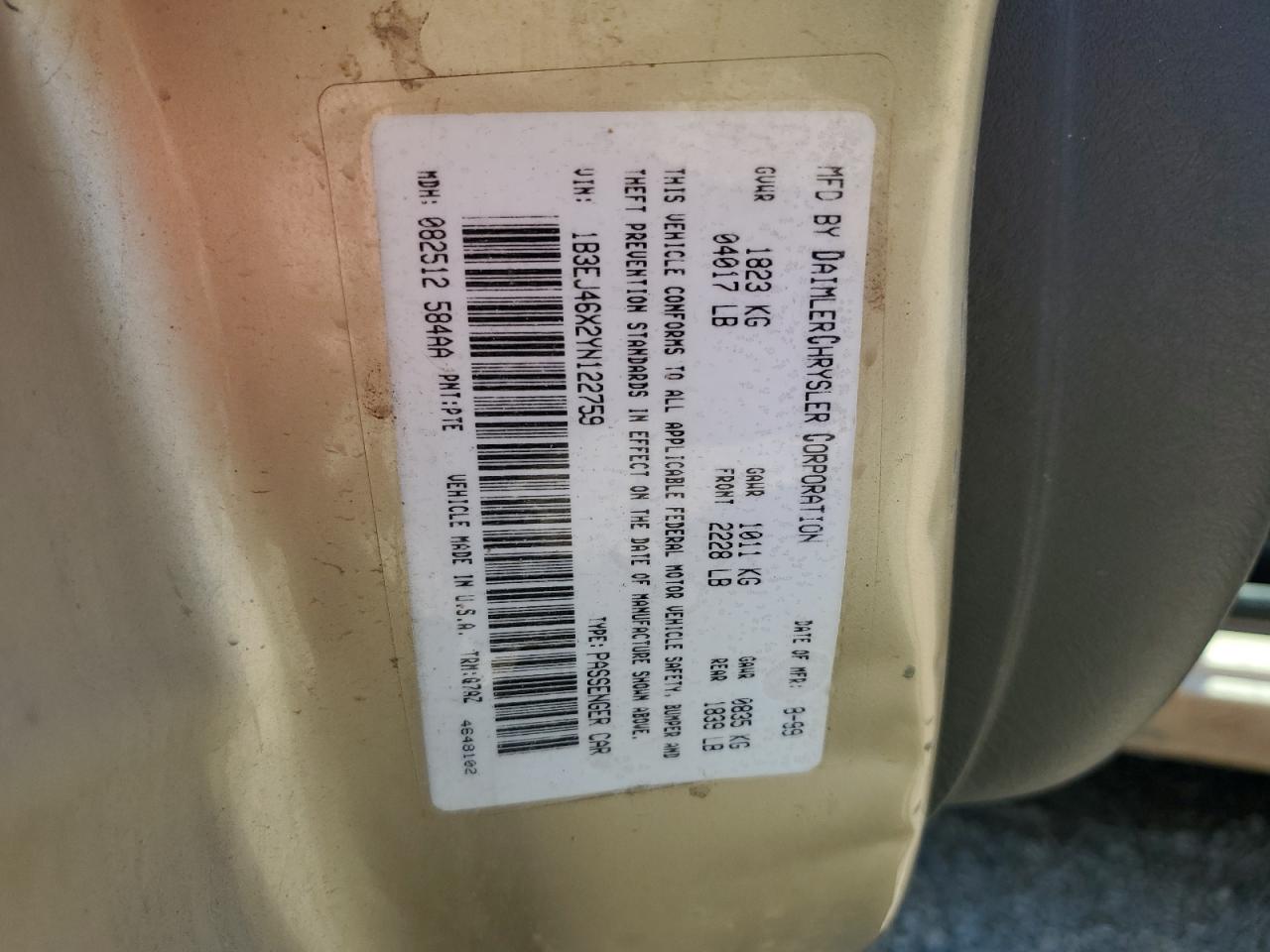 2000 Dodge Stratus Se VIN: 1B3EJ46X2YN122759 Lot: 60714645