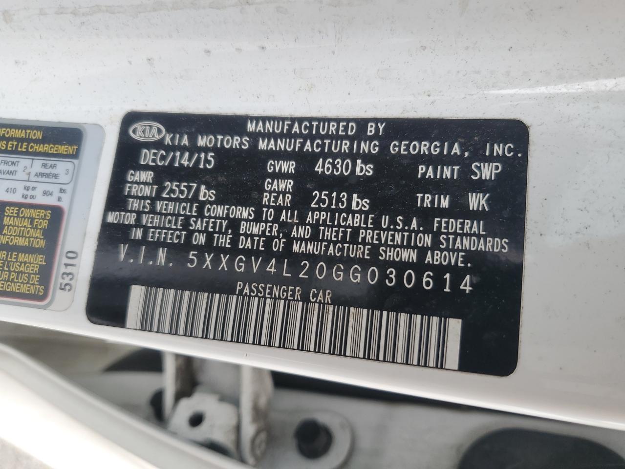 2016 Kia Optima Sxl VIN: 5XXGV4L20GG030614 Lot: 61874955