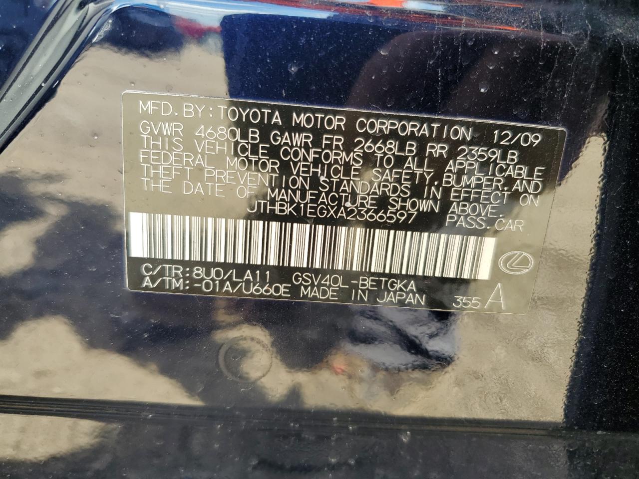 2010 Lexus Es 350 VIN: JTHBK1EGXA2366597 Lot: 62414125