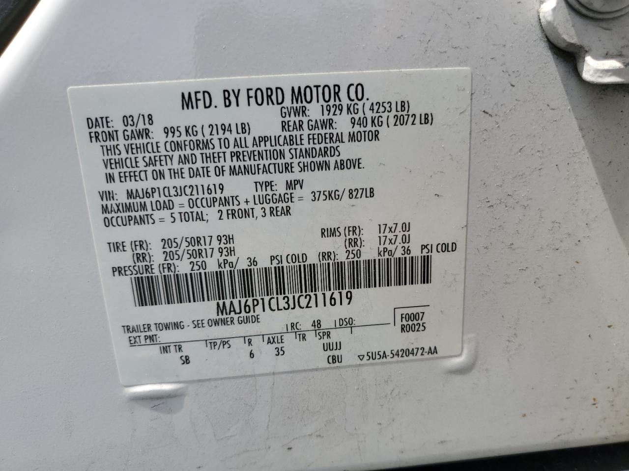 2018 Ford Ecosport Ses VIN: MAJ6P1CL3JC211619 Lot: 62734645