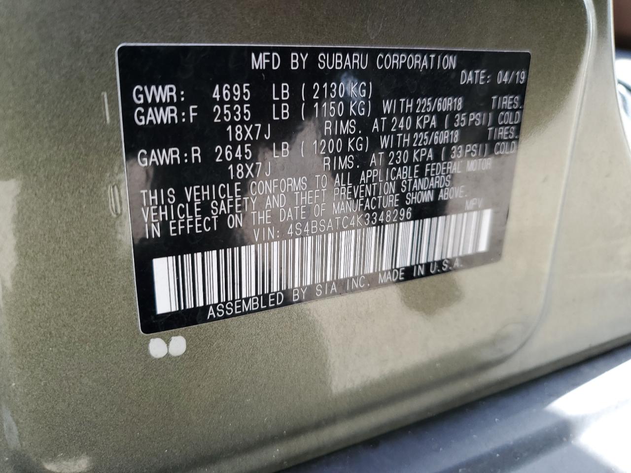 2019 Subaru Outback Touring VIN: 4S4BSATC4K3348296 Lot: 63071615