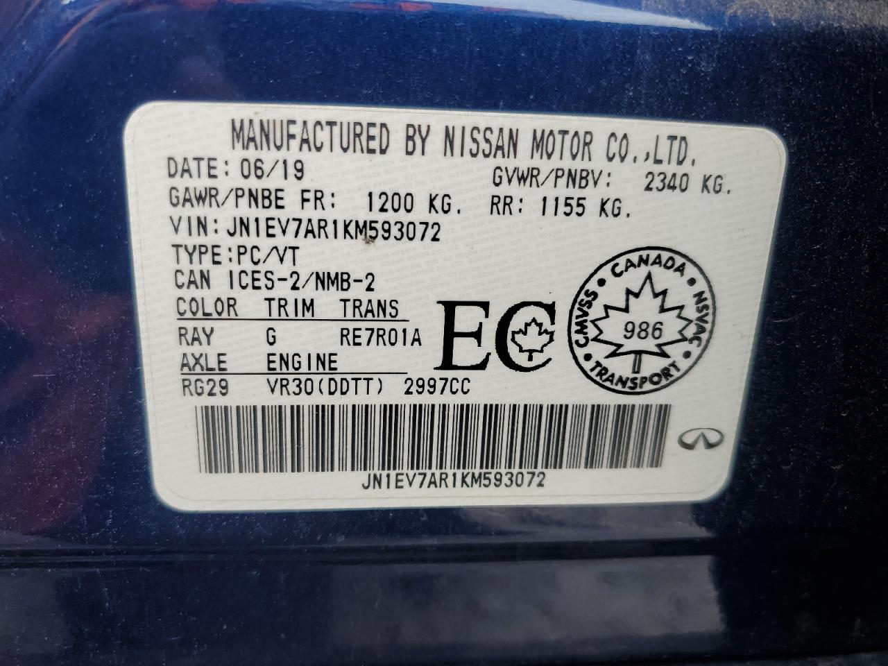 2019 Infiniti Q50 Luxe VIN: JN1EV7AR1KM593072 Lot: 61834545