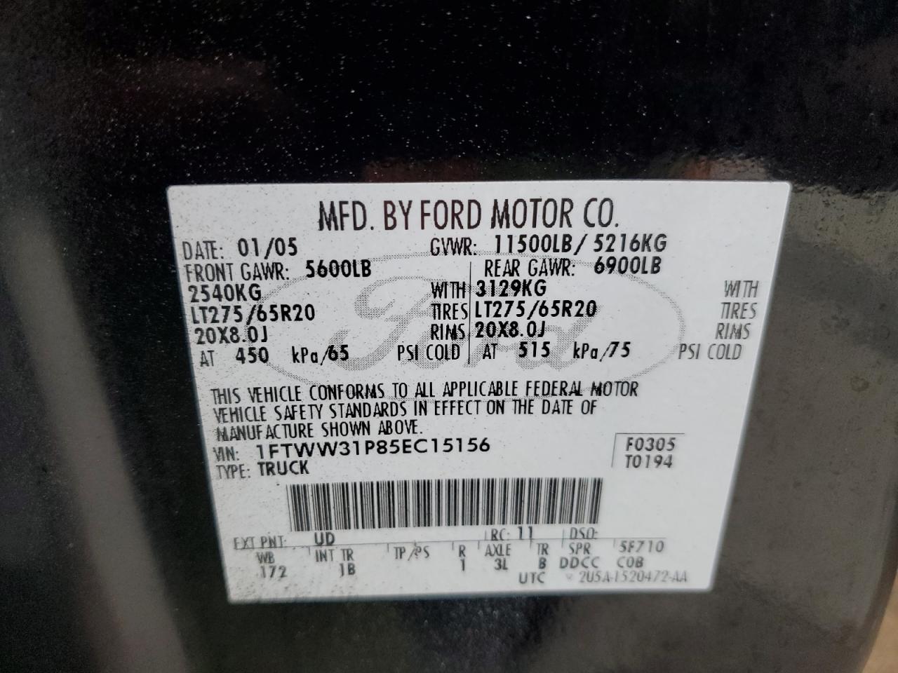 2005 Ford F350 Srw Super Duty VIN: 1FTWW31P85EC15156 Lot: 62601695