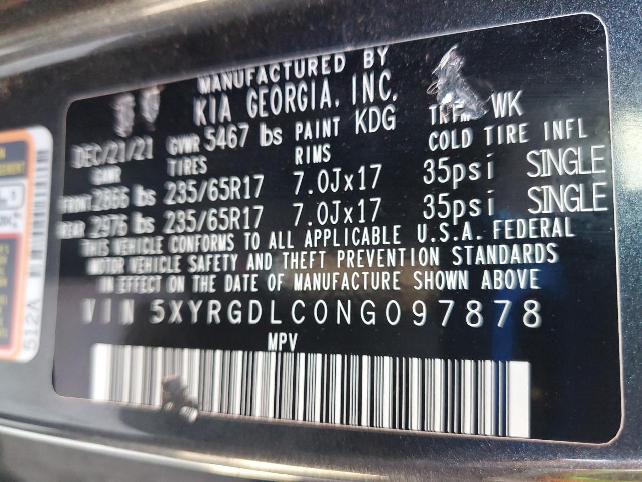2022 Kia Sorento Lx VIN: 5XYRGDLC0NG097878 Lot: 59349585