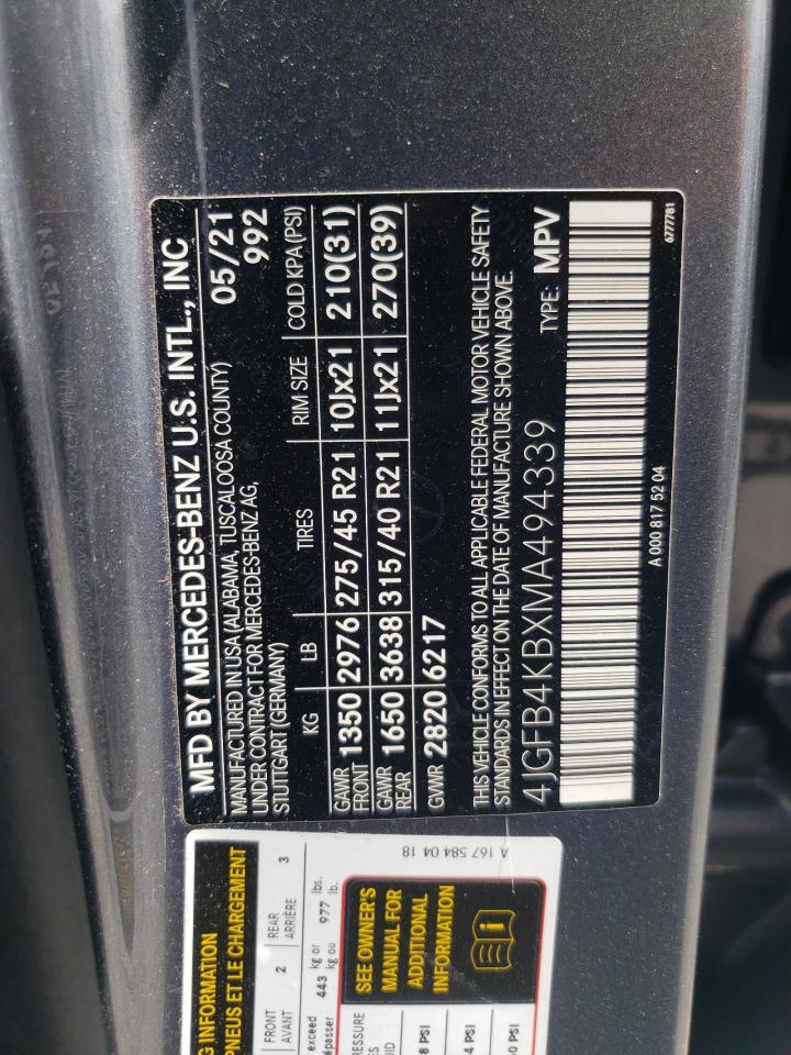 2021 Mercedes-Benz Gle 350 4Matic VIN: 4JGFB4KBXMA494339 Lot: 59982945