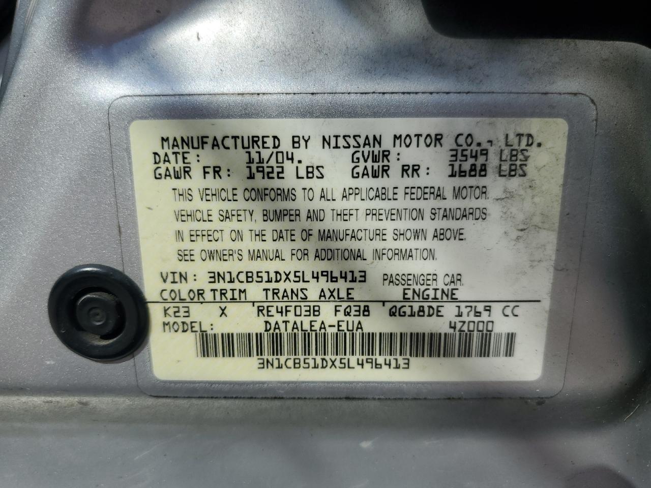 2005 Nissan Sentra 1.8 VIN: 3N1CB51DX5L496413 Lot: 61358865