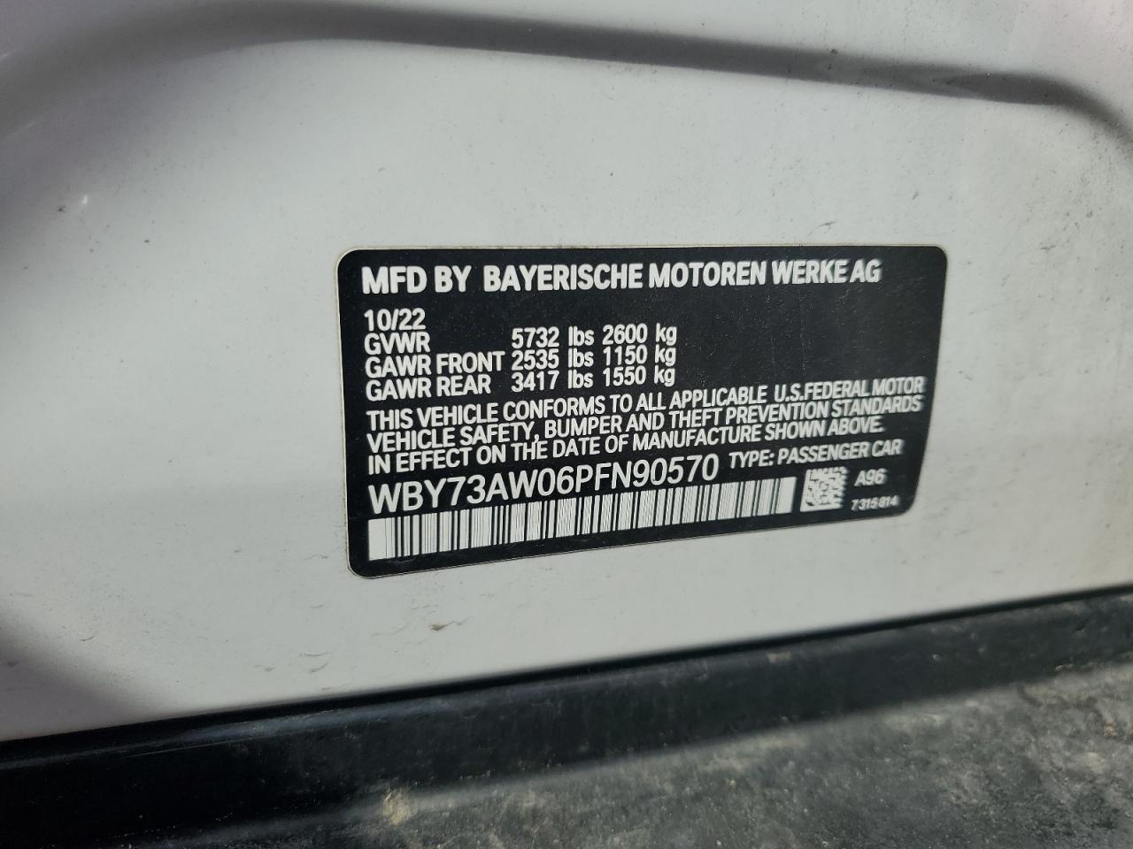 2023 BMW I4 Edrive 40 VIN: WBY73AW06PFN90570 Lot: 62183825