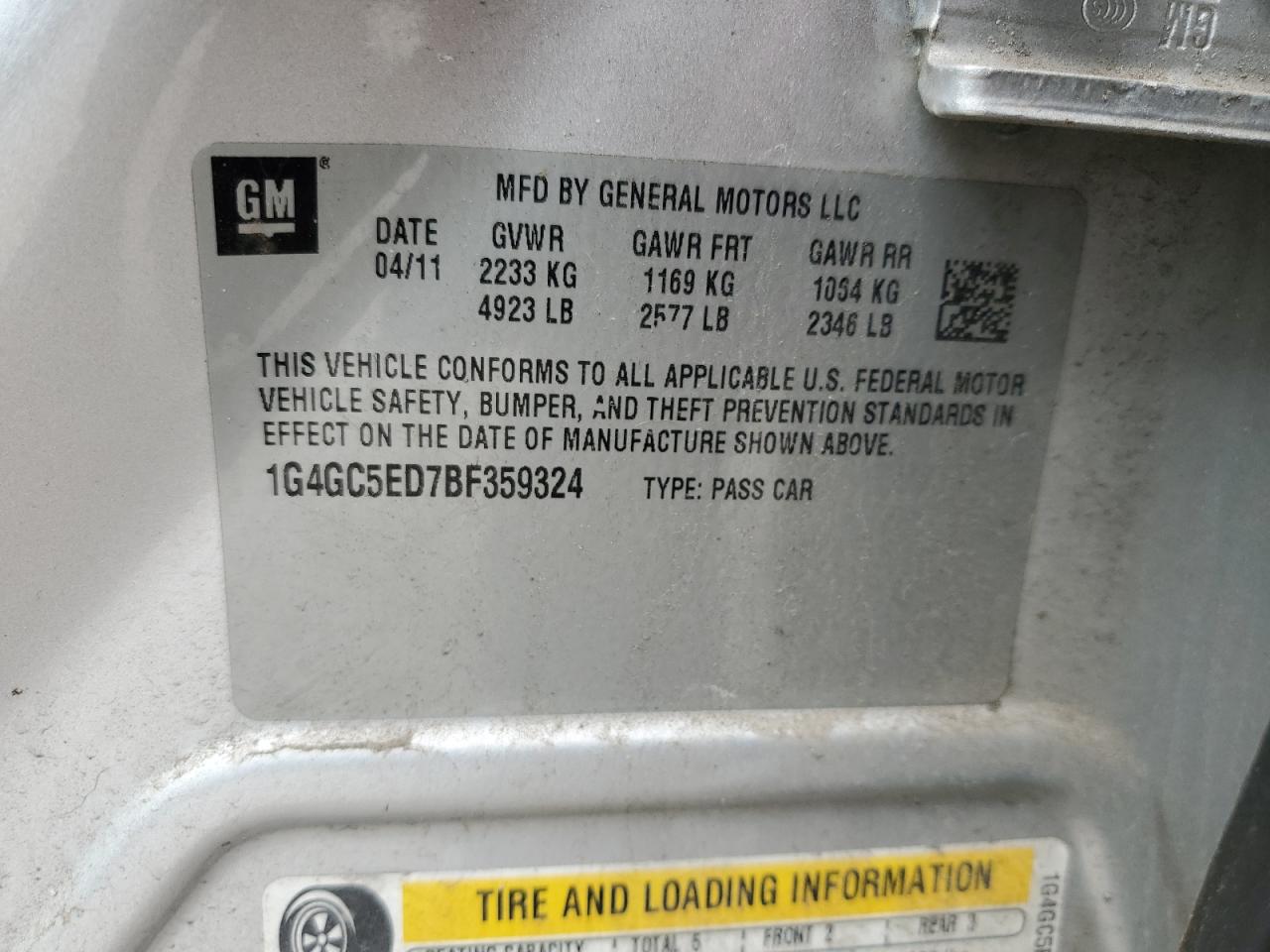 2011 Buick Lacrosse Cxl VIN: 1G4GC5ED7BF359324 Lot: 59847345