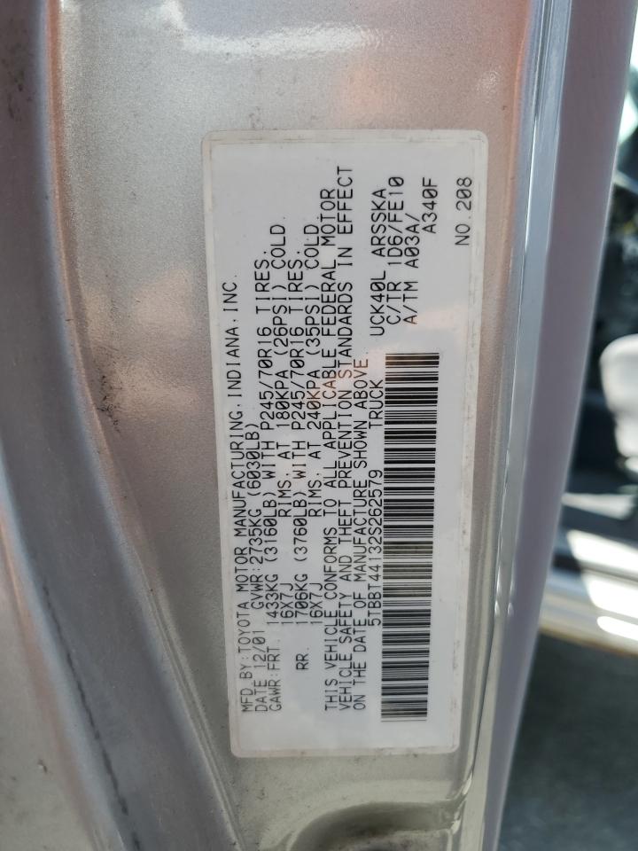 2002 Toyota Tundra Access Cab VIN: 5TBBT44132S262579 Lot: 62746265