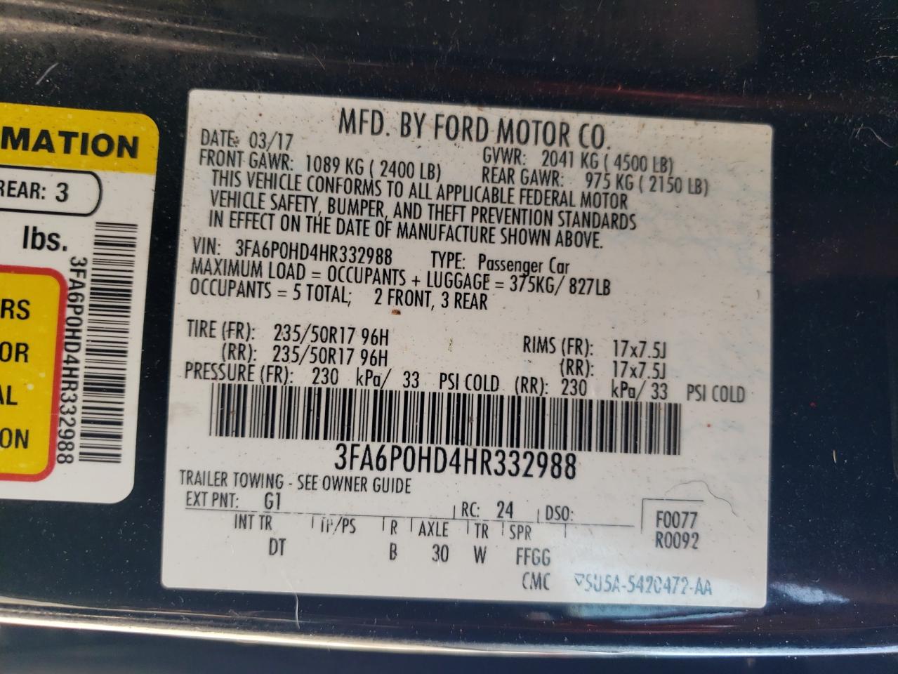 2017 Ford Fusion Se VIN: 3FA6P0HD4HR332988 Lot: 62794235