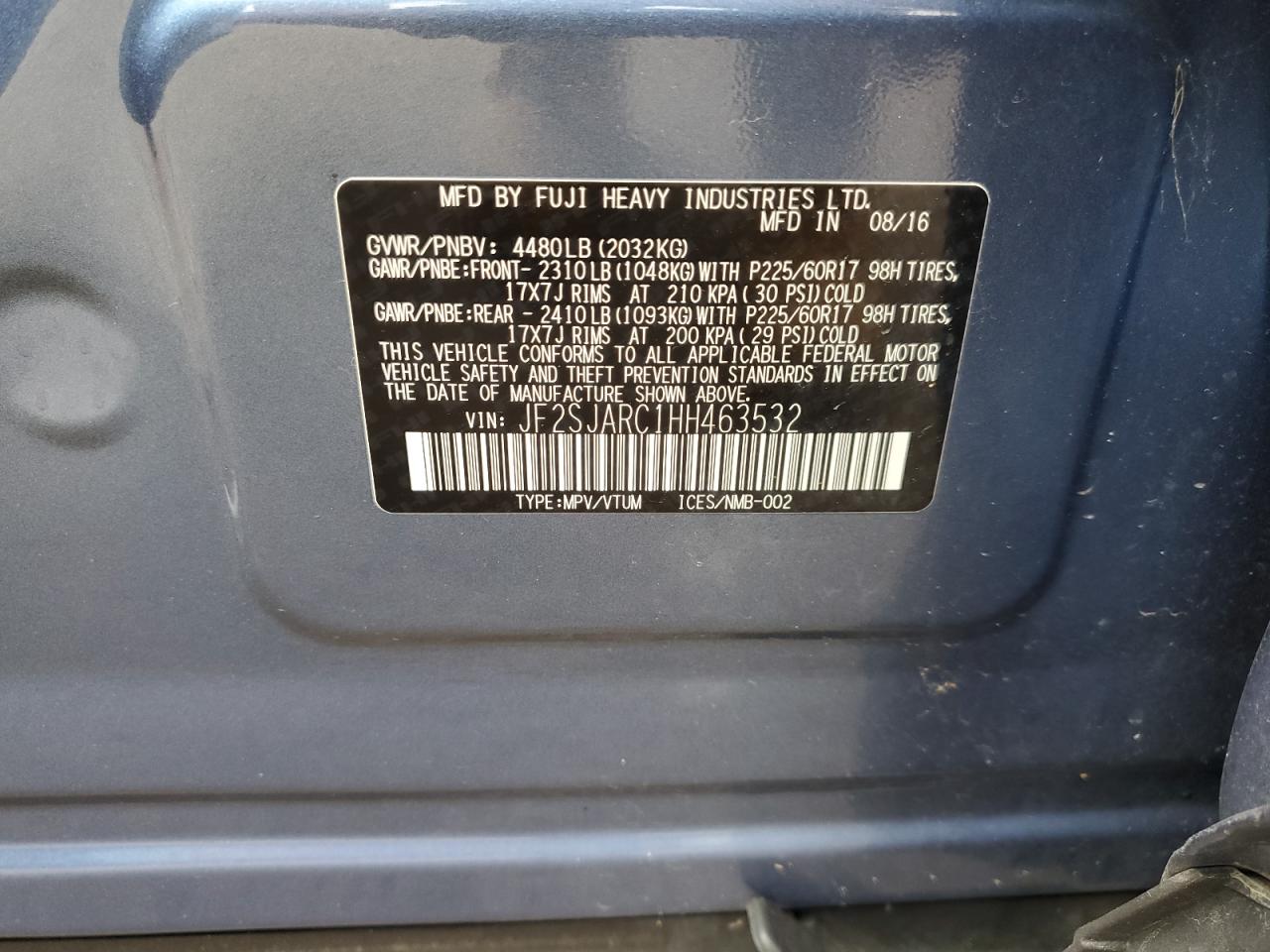 2017 Subaru Forester 2.5I Limited VIN: JF2SJARC1HH463532 Lot: 59696095