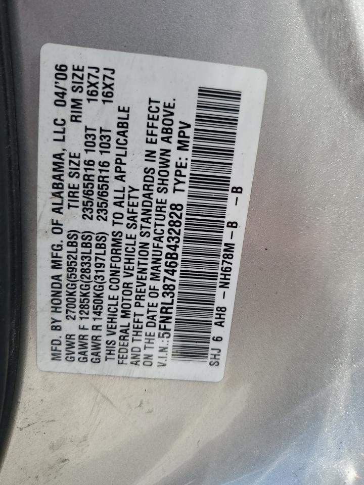 2006 Honda Odyssey Exl VIN: 5FNRL38746B432828 Lot: 59810115