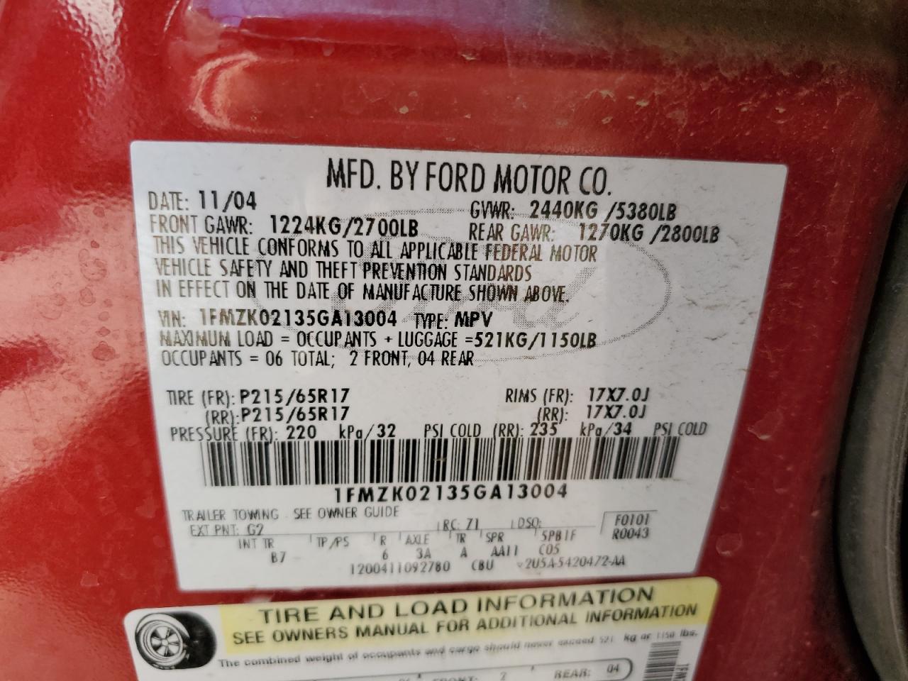 2005 Ford Freestyle Sel VIN: 1FMZK02135GA13004 Lot: 62573365