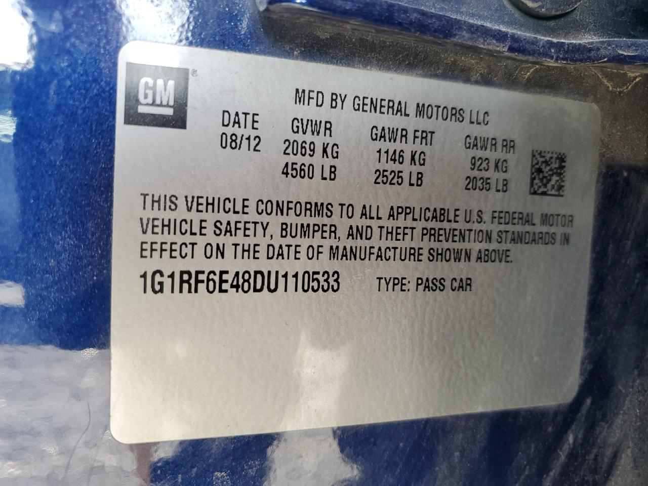 2013 Chevrolet Volt VIN: 1G1RF6E48DU110533 Lot: 59418865