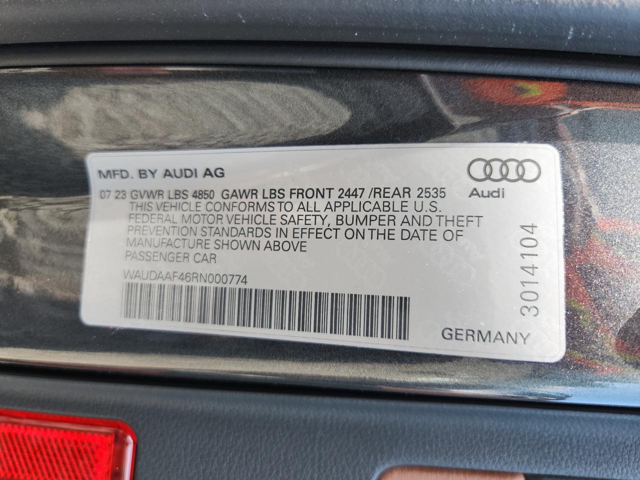 2024 Audi A4 Premium 45 VIN: WAUDAAF46RN000774 Lot: 62738395