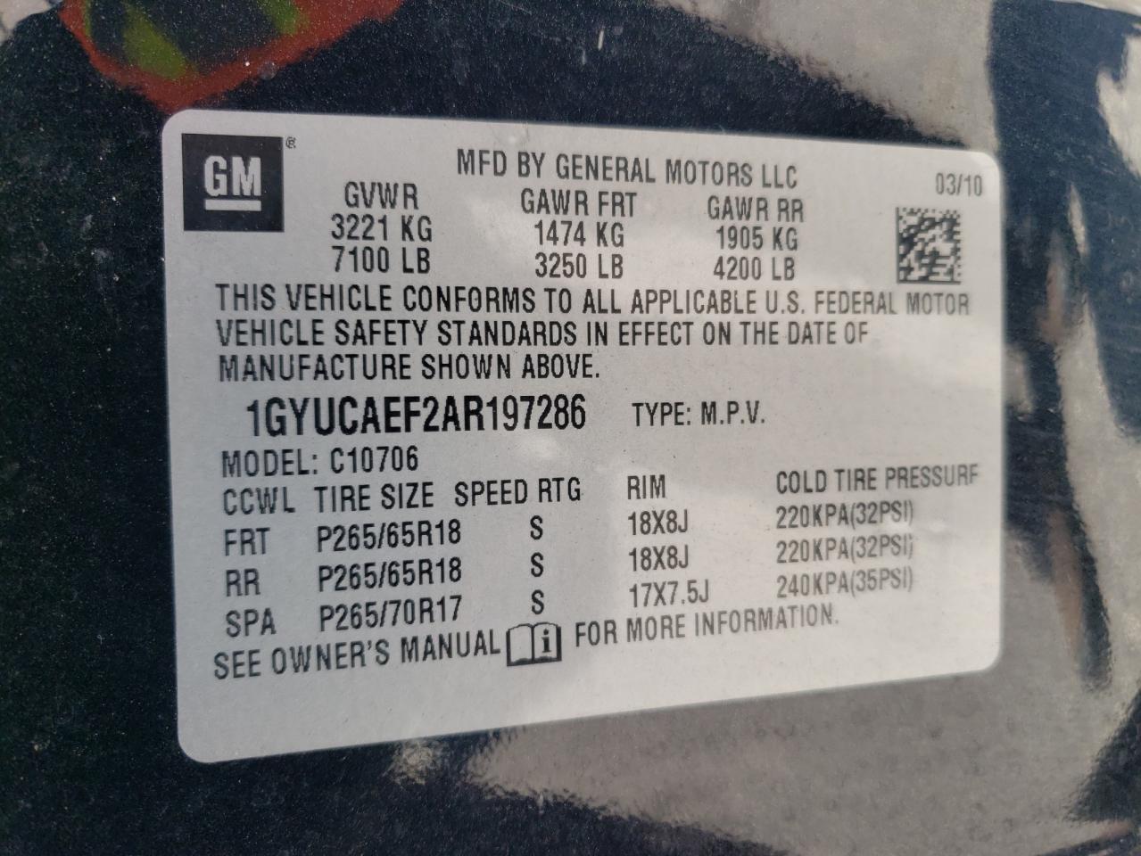 2010 Cadillac Escalade VIN: 1GYUCAEF2AR197286 Lot: 61454275