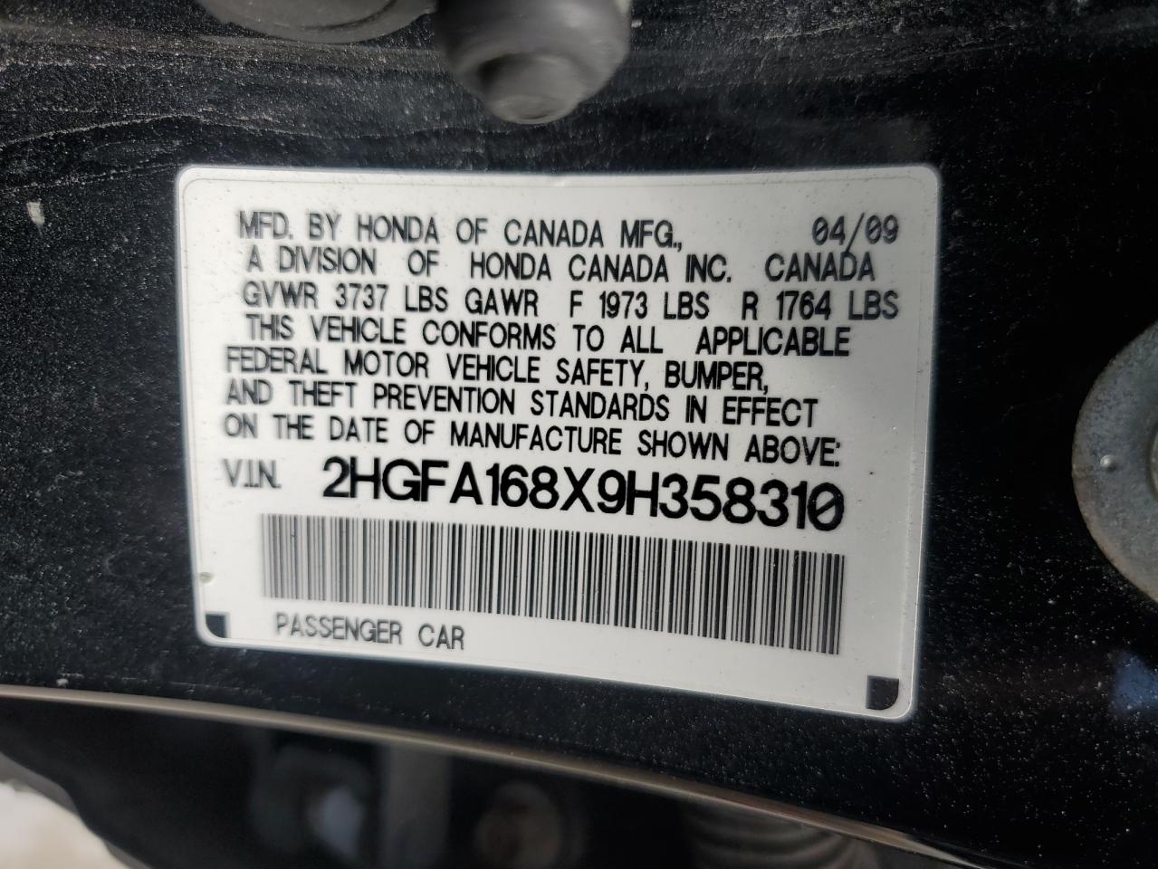 2009 Honda Civic Ex VIN: 2HGFA168X9H358310 Lot: 60319175