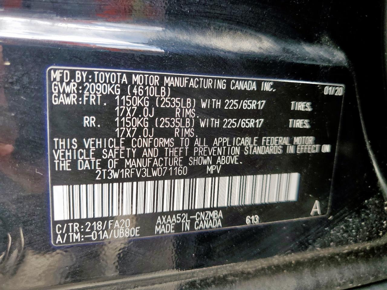 2020 Toyota Rav4 Xle VIN: 2T3W1RFV3LW071160 Lot: 62829975