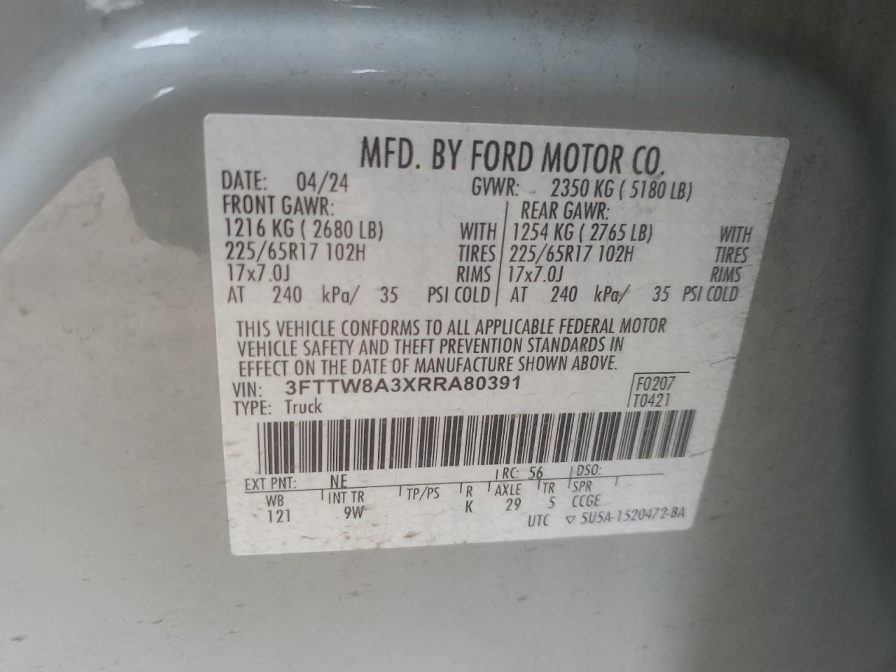 2024 Ford Maverick Xl VIN: 3FTTW8A3XRRA80391 Lot: 63059725