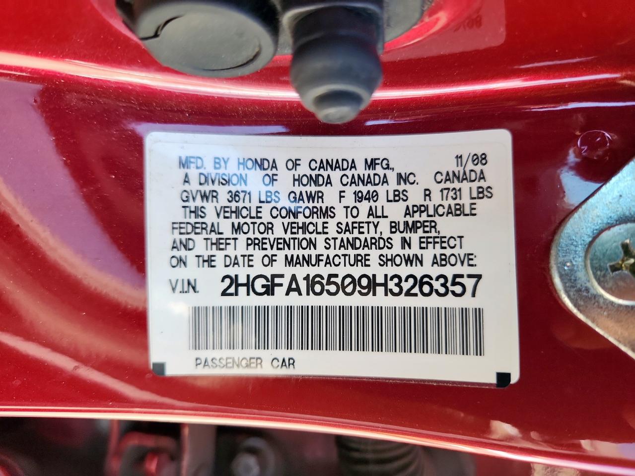 2009 Honda Civic Lx VIN: 2HGFA16509H326357 Lot: 62850195
