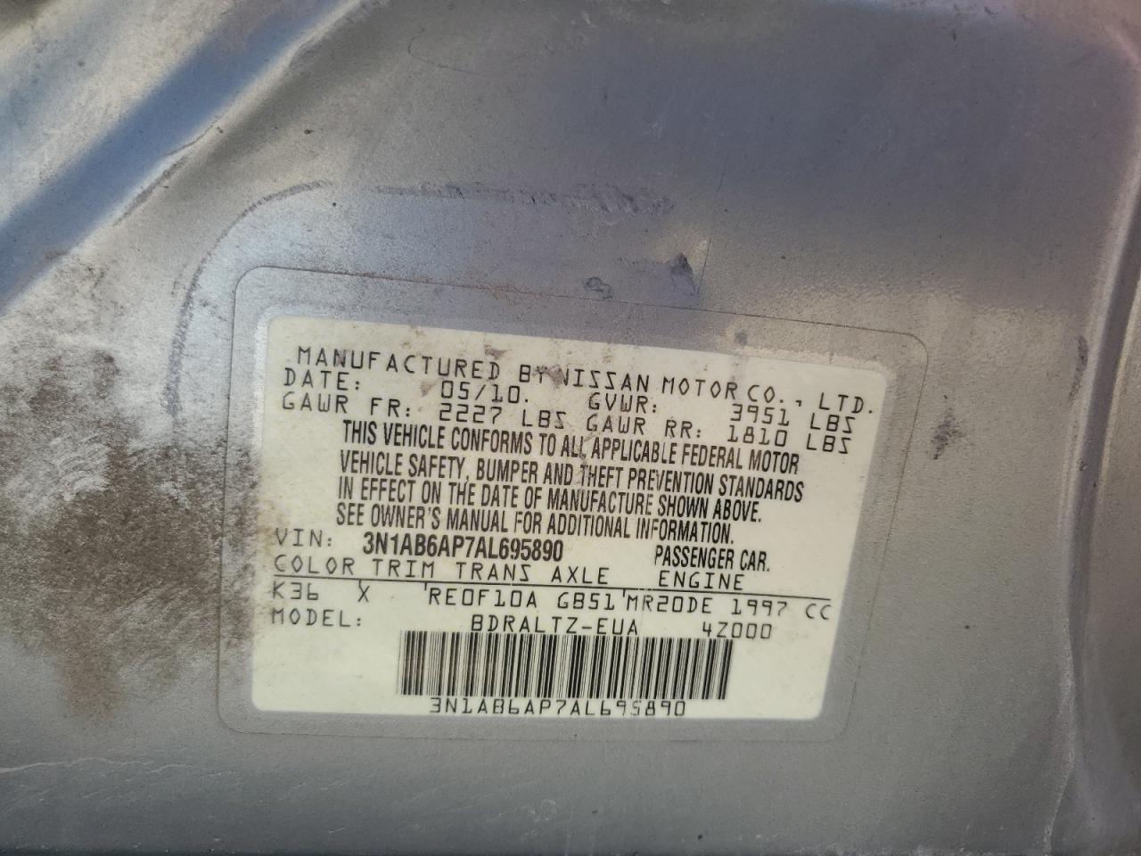 2010 Nissan Sentra 2.0 VIN: 3N1AB6AP7AL695890 Lot: 61905235