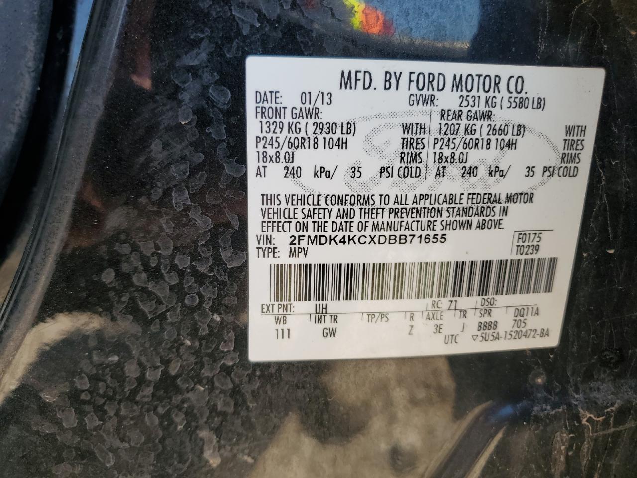 2013 Ford Edge Limited VIN: 2FMDK4KCXDBB71655 Lot: 71218305