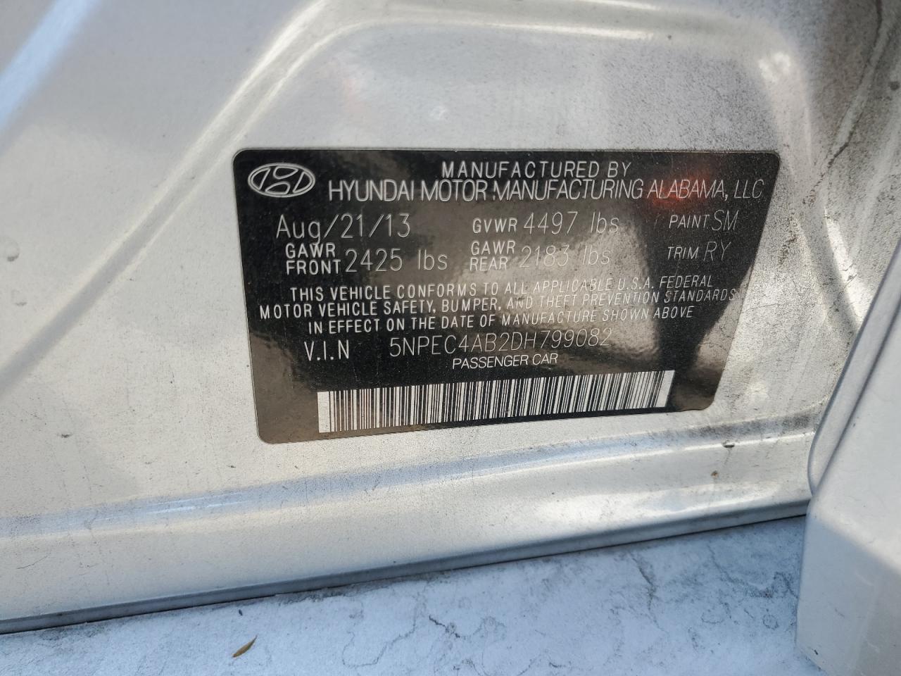 2013 Hyundai Sonata Se VIN: 5NPEC4AB2DH799082 Lot: 59668345