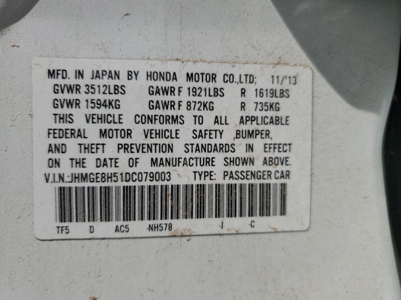 2013 Honda Fit Sport VIN: JHMGE8H51DC079003 Lot: 60939305