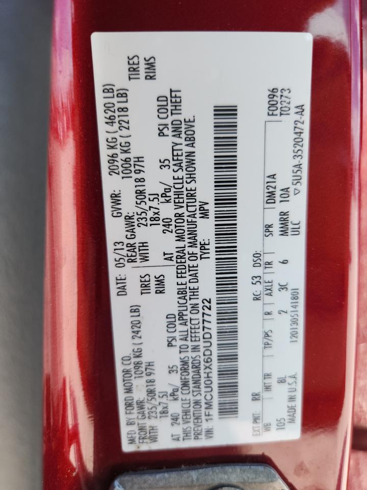 2013 Ford Escape Sel VIN: 1FMCU0HX6DUD77722 Lot: 62707555
