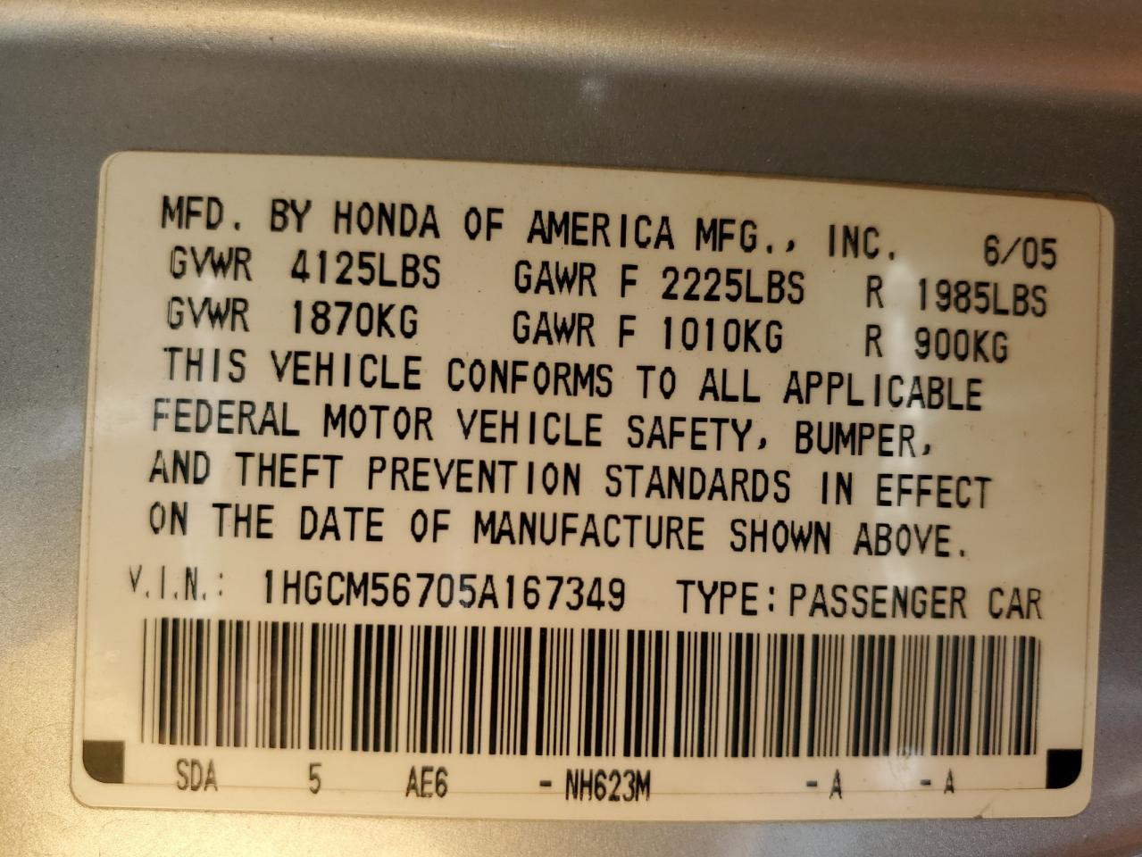 2005 Honda Accord Ex VIN: 1HGCM56705A167349 Lot: 61879365