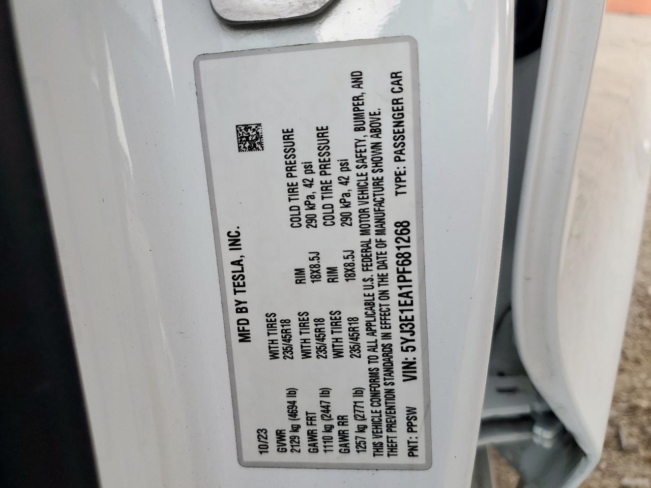 2023 Tesla Model 3 VIN: 5YJ3E1EA1PF681268 Lot: 62927365