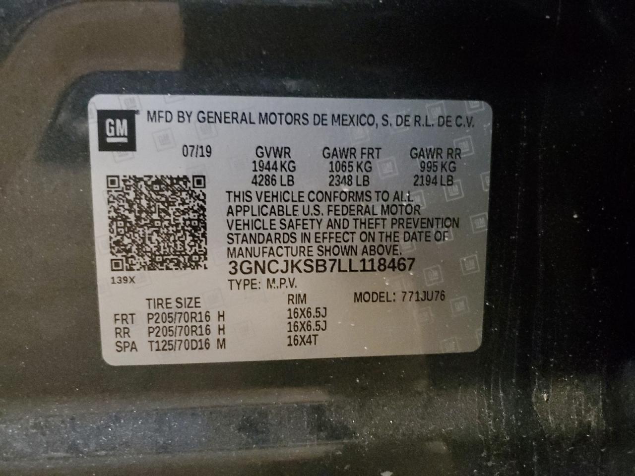 3GNCJKSB7LL118467 CHEVROLET TRAX 2020