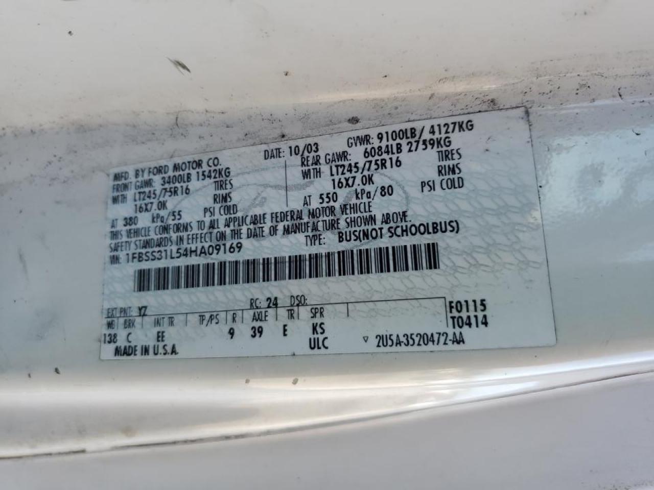 2004 Ford Econoline E350 Super Duty Wagon VIN: 1FBSS31L54HA09169 Lot: 62506585