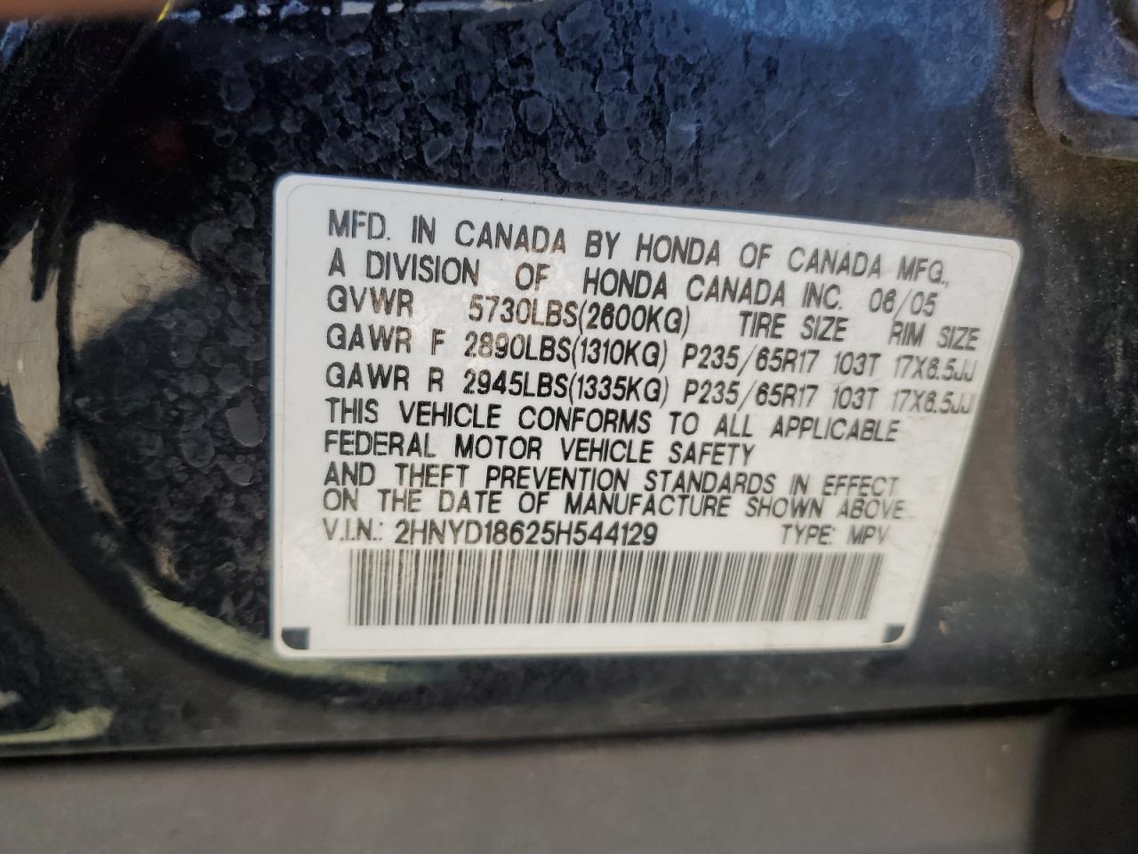 2005 Acura Mdx Touring VIN: 2HNYD18625H544129 Lot: 62703165