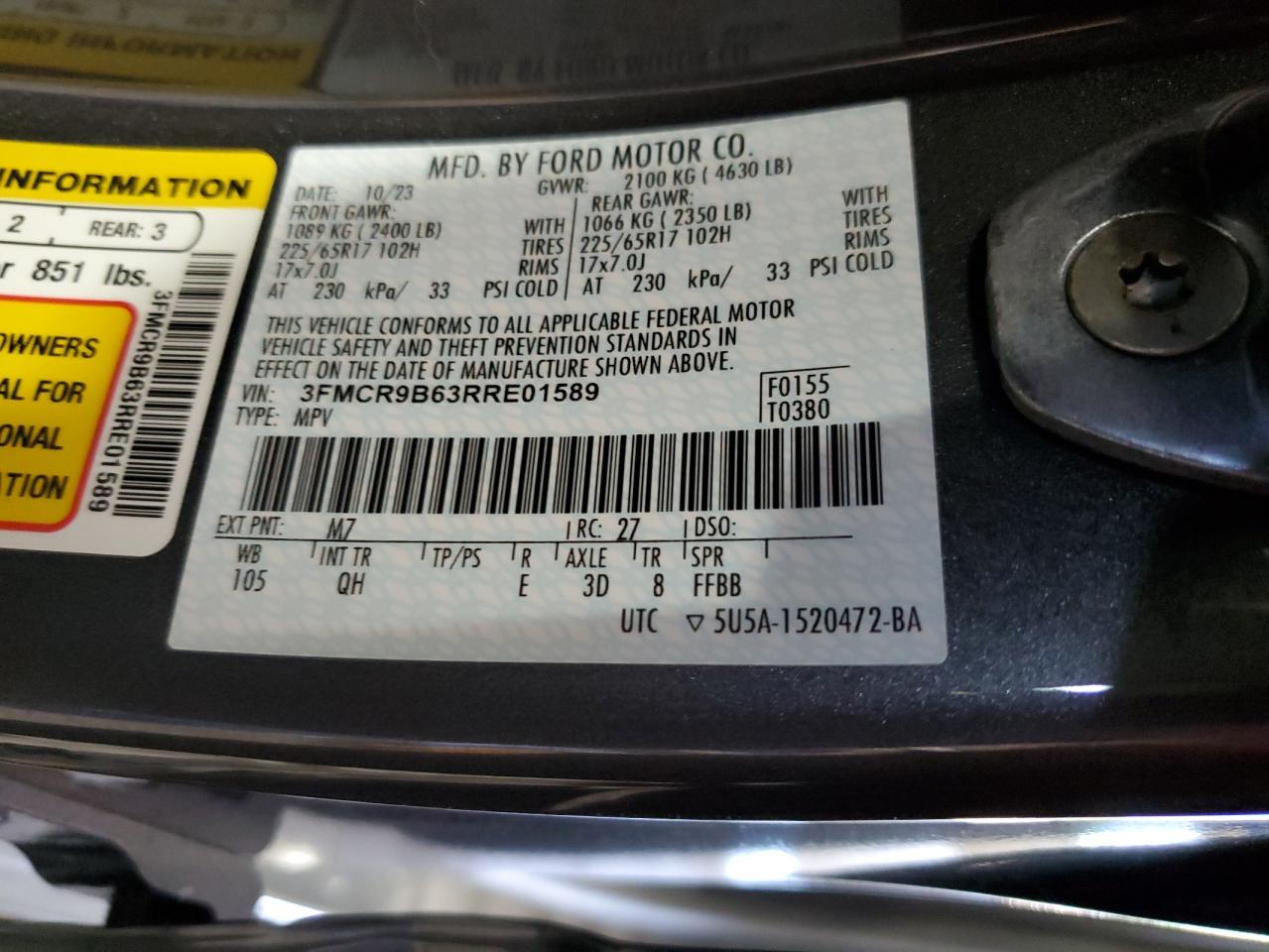 2024 Ford Bronco Sport Big Bend VIN: 3FMCR9B63RRE01589 Lot: 62144055
