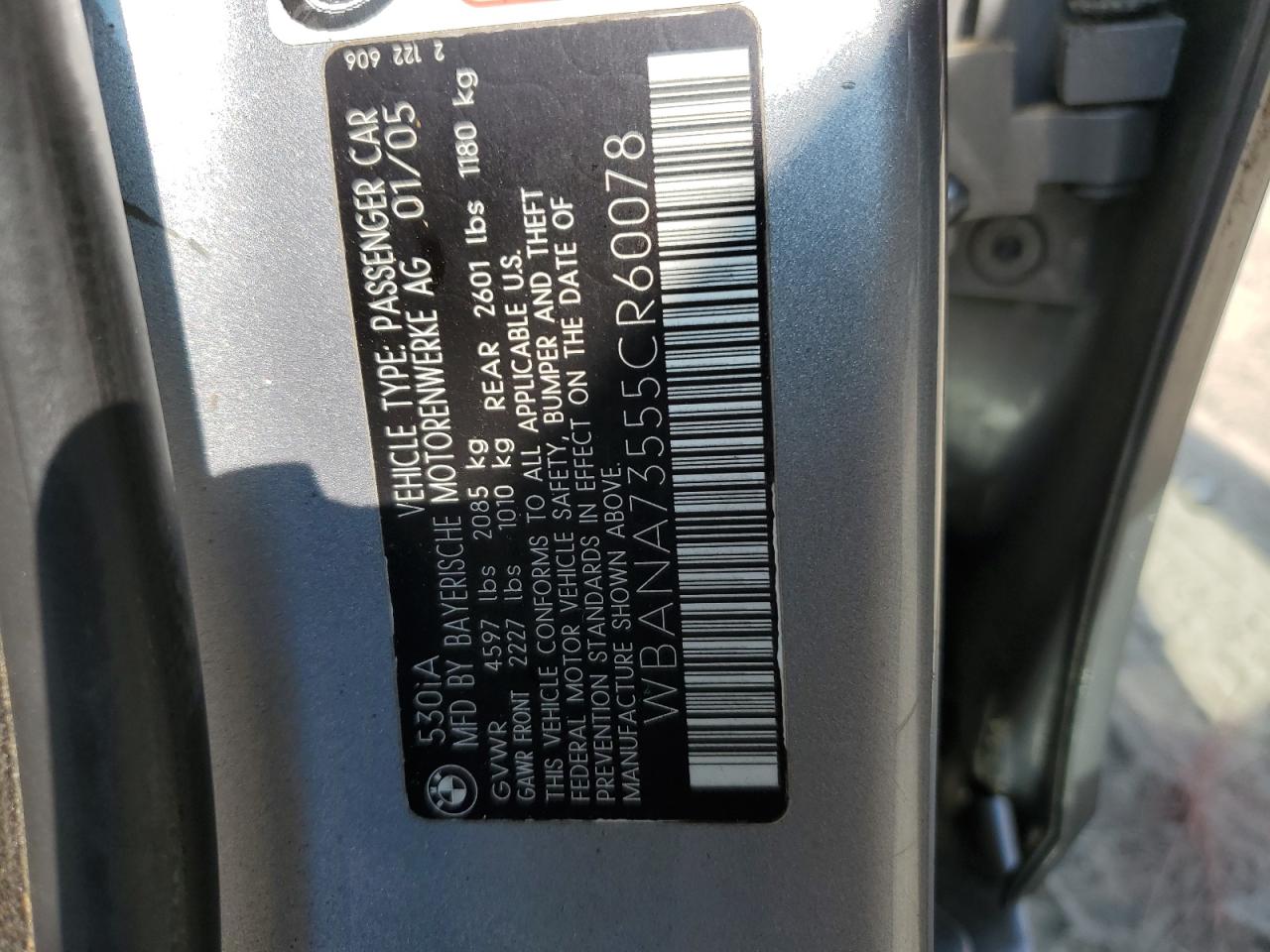 2005 BMW 530 I VIN: WBANA73555CR60078 Lot: 61430145