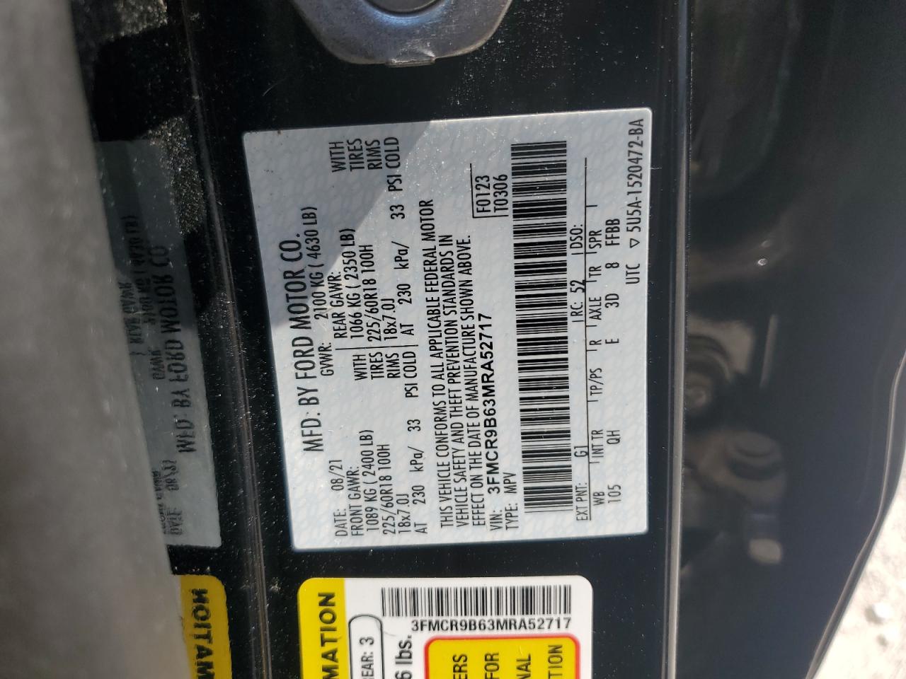 2021 Ford Bronco Sport Big Bend VIN: 3FMCR9B63MRA52717 Lot: 60159835