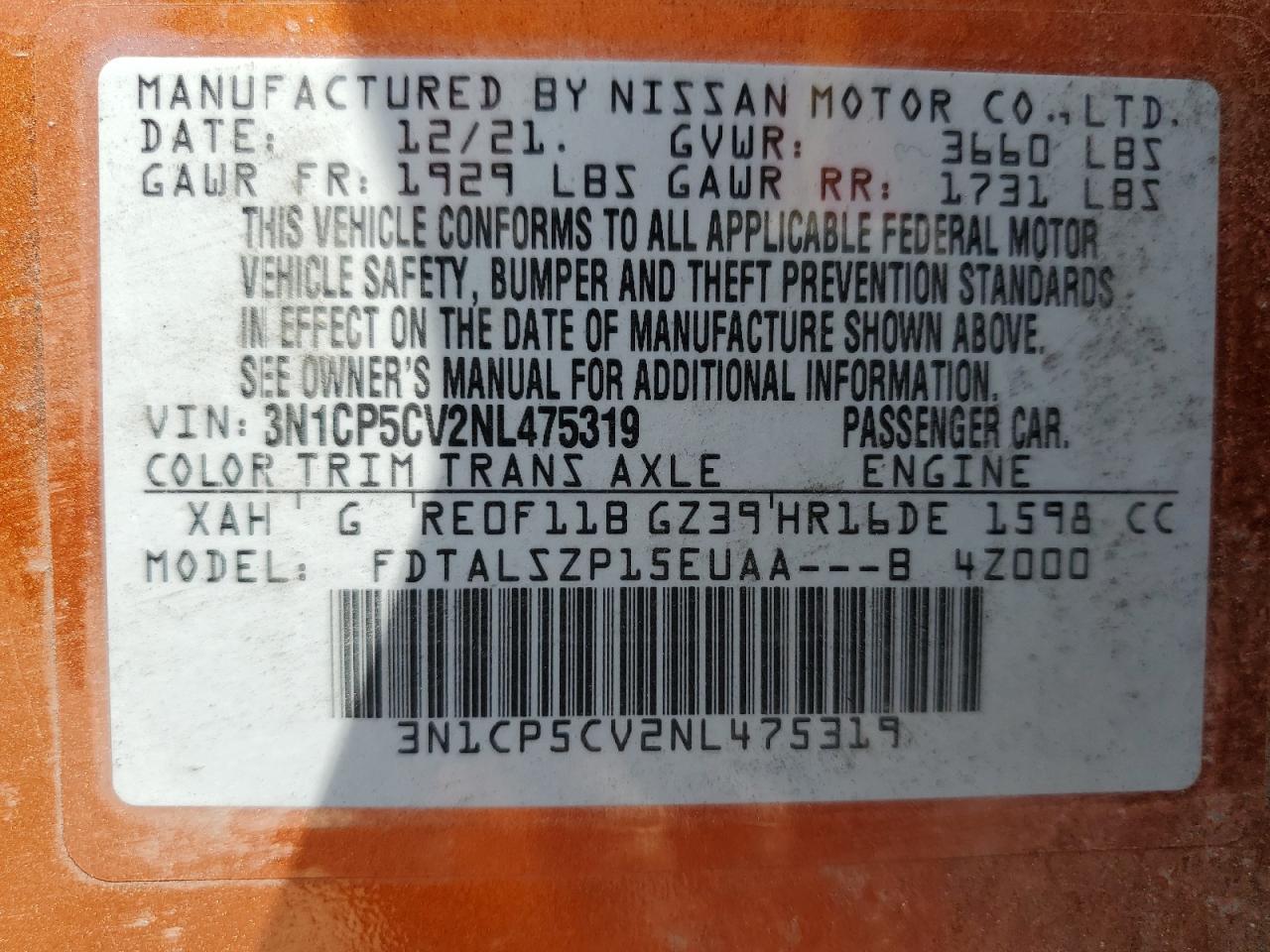 2022 Nissan Kicks Sv VIN: 3N1CP5CV2NL475319 Lot: 61980705