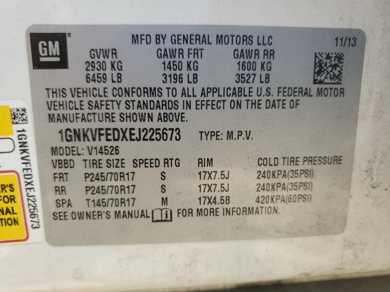 2014 Chevrolet Traverse Ls VIN: 1GNKVFEDXEJ225673 Lot: 60501775