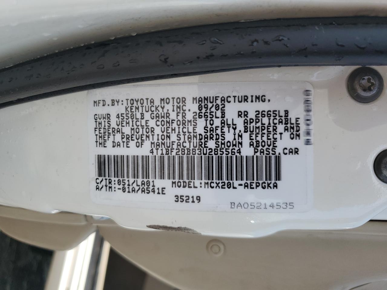 2003 Toyota Avalon Xl VIN: 4T1BF28B83U285564 Lot: 62317445