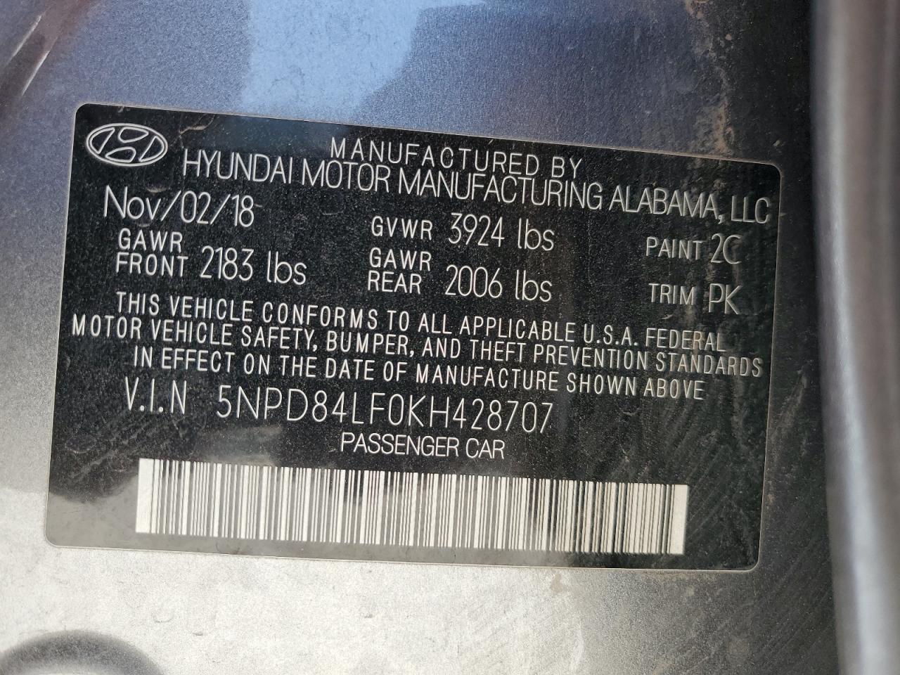 2019 Hyundai Elantra Sel VIN: 5NPD84LF0KH428707 Lot: 61022445