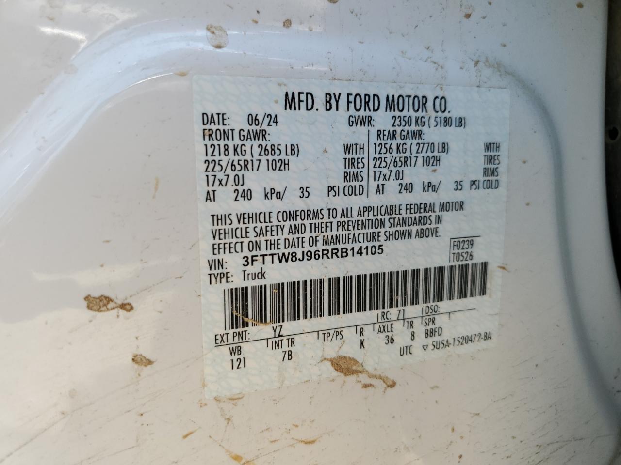2024 Ford Maverick Xlt VIN: 3FTTW8J96RRB14105 Lot: 60101485