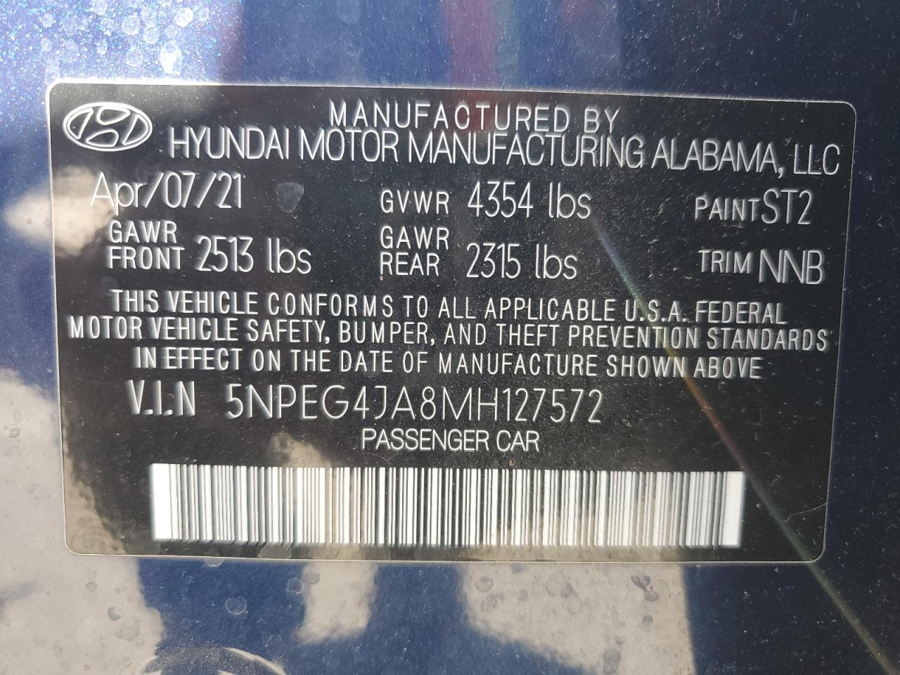 2021 Hyundai Sonata Se VIN: 5NPEG4JA8MH127572 Lot: 62545575