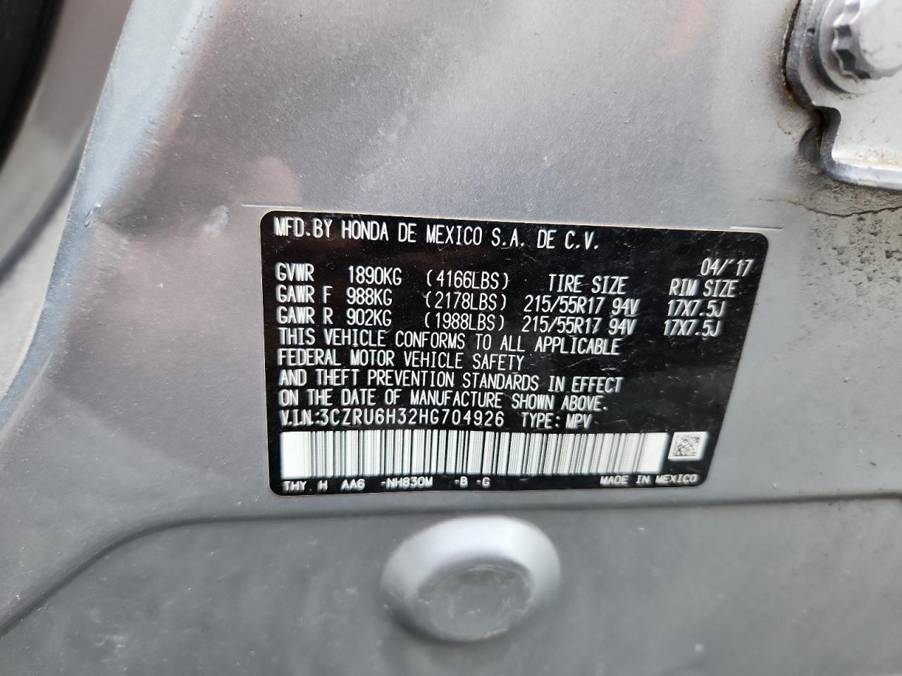 2017 Honda Hr-V Lx VIN: 3CZRU6H32HG704926 Lot: 62367605