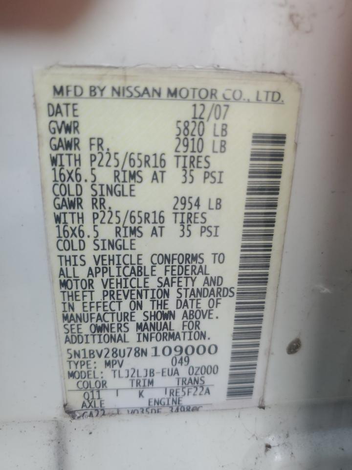 2008 Nissan Quest S VIN: 5N1BV28U78N109000 Lot: 62758225