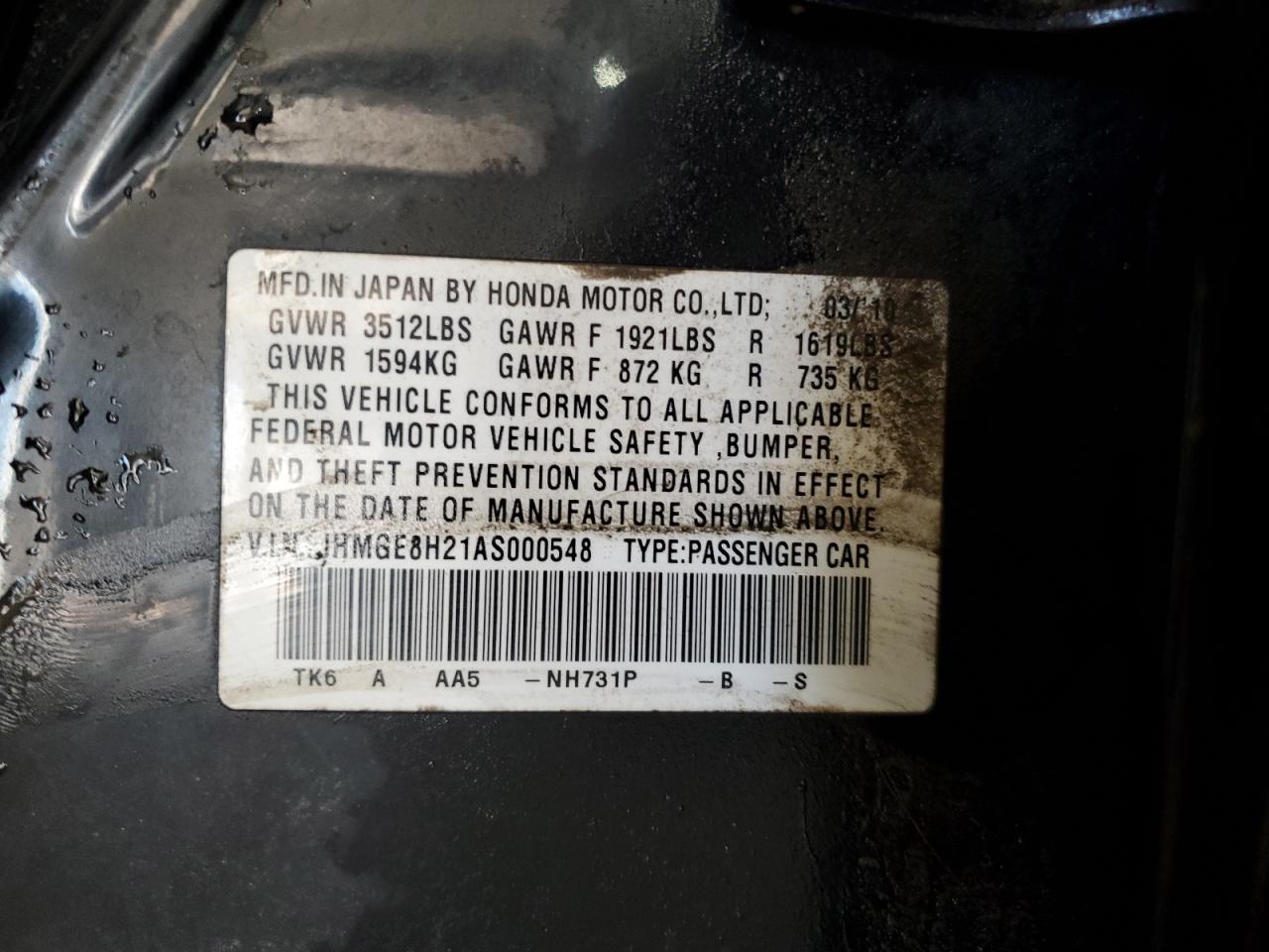 2010 Honda Fit VIN: JHMGE8H21AS000548 Lot: 62257225